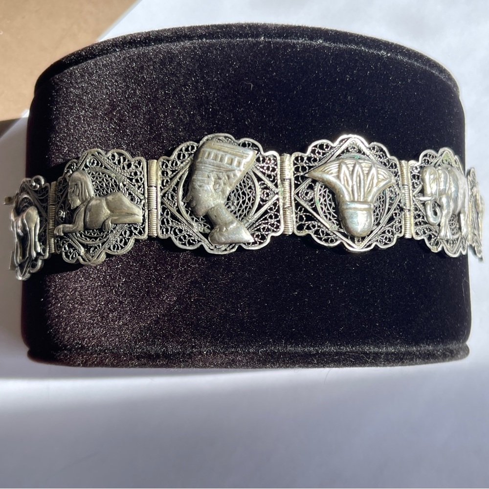 Gorgeous Vintage Egyptian Sterling Silver Filigree Panel Bracelet 7.5” 38.5g